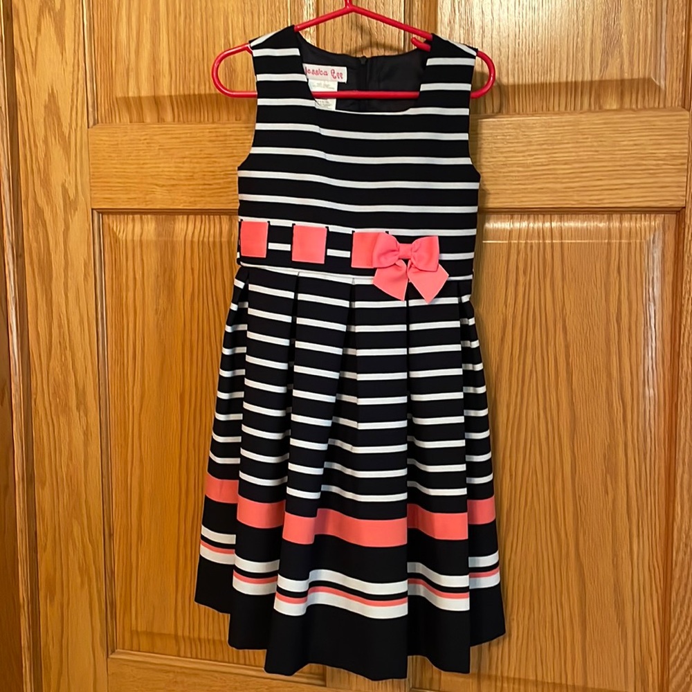 Navy Blue, White, and Pink Striped Formal Dress